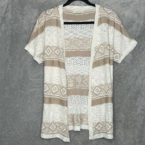 Cloud Chaser Large Cardigan Sweater Brown Geometric Striped Short Sleeve Open